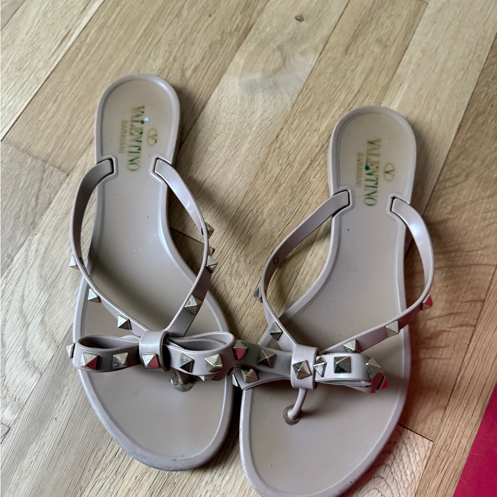 Valentino Tan Sandals with Bow Detail and Stud Accents